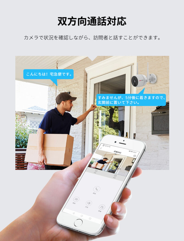 JA-PO1031-WP
双方向通話対応
カメラで状況を確認しながら、訪問者と話すことができます。